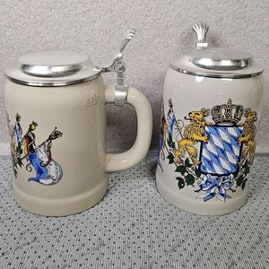 Vintage Bavarian Beige Ceramic Beer Stein with Metal Lid, Set Of Two